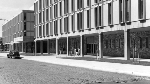 black and white historic photo of rutgers-newark campus