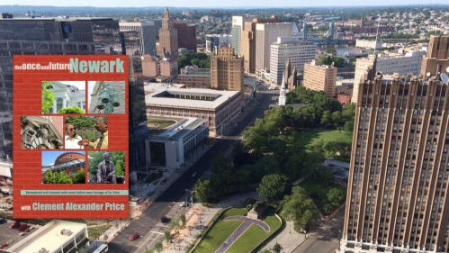 the once and future newark poster superimposed over wide shot of newark
