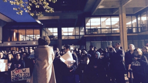 chancellor cantor speaking at the rally in solidarity with the university of missouri