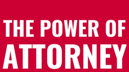 "the power of attorney" written in white font on red background