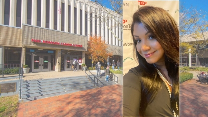 ednin martinez superimposed onto exterior of paul robeson campus center
