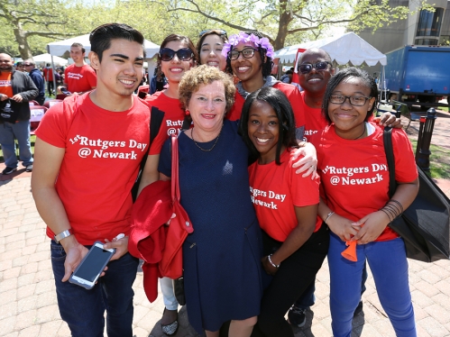 chancellor cantor with a group of students at newark rutgers day