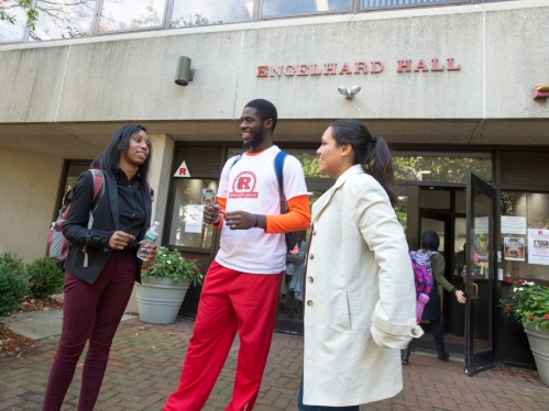 students talking in front of engelhard hall
