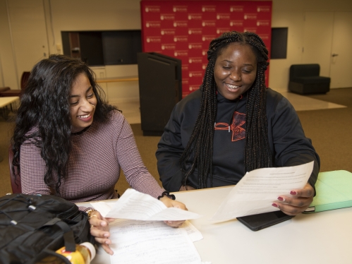 two students in library looking over papers