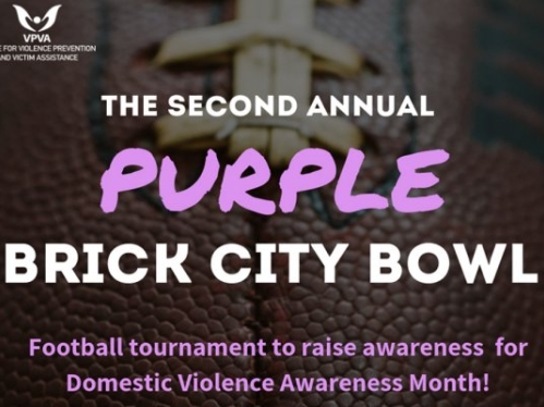 text advertising the purple brick city bowl superimposed over a closeup of a football