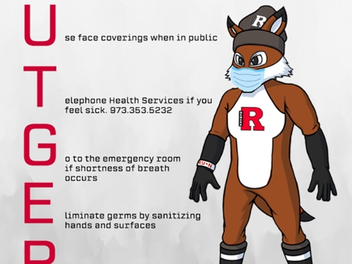 drawing of the rutgers-newark raider mascot wearing a mask standing beside the responsible raider pledge