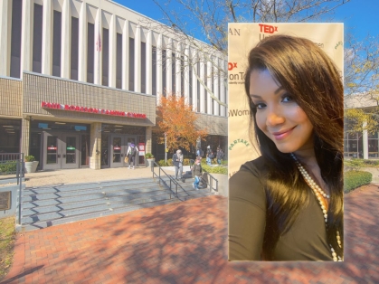 ednin martinez superimposed onto exterior of paul robeson campus center